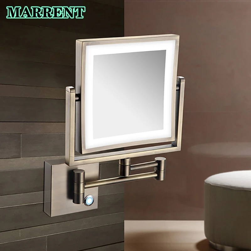 

Antique LED Bathroom Mirrors Quality Brass Square Magnifying Female LED Makeup Mirror Double Face Arm Extend Bathroom Mirrror