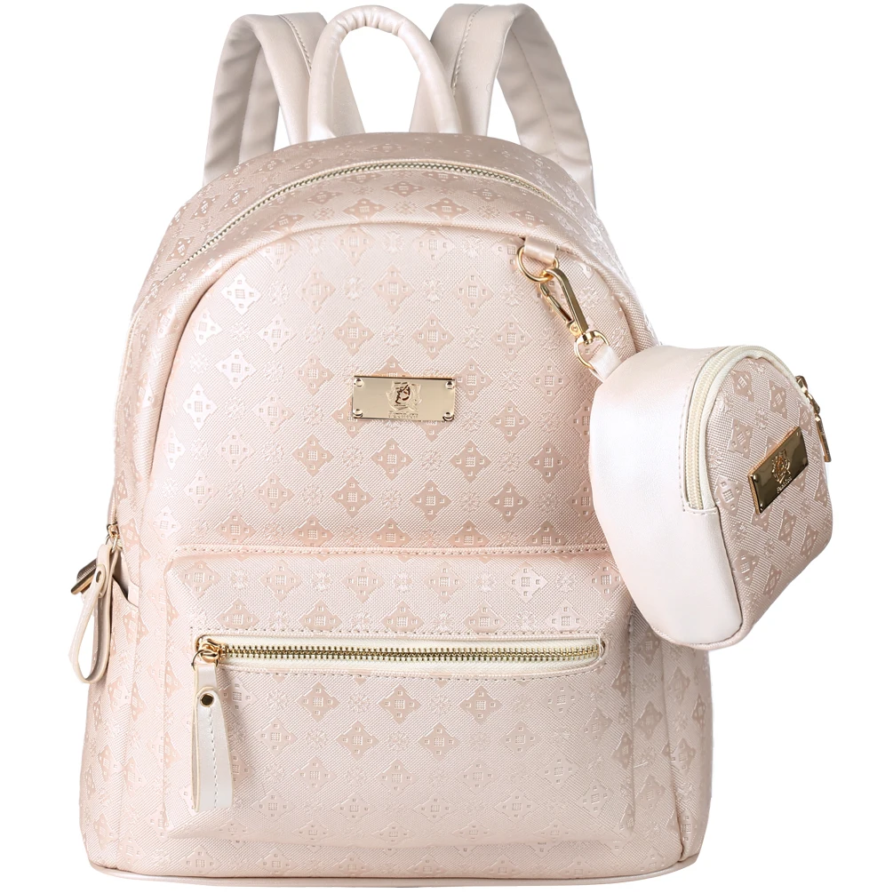 2 in 1 Women Backpack PU Leather Shoulders Bag Chic School Bags Portable Travel Daypack with Hanging Pouch, Beige