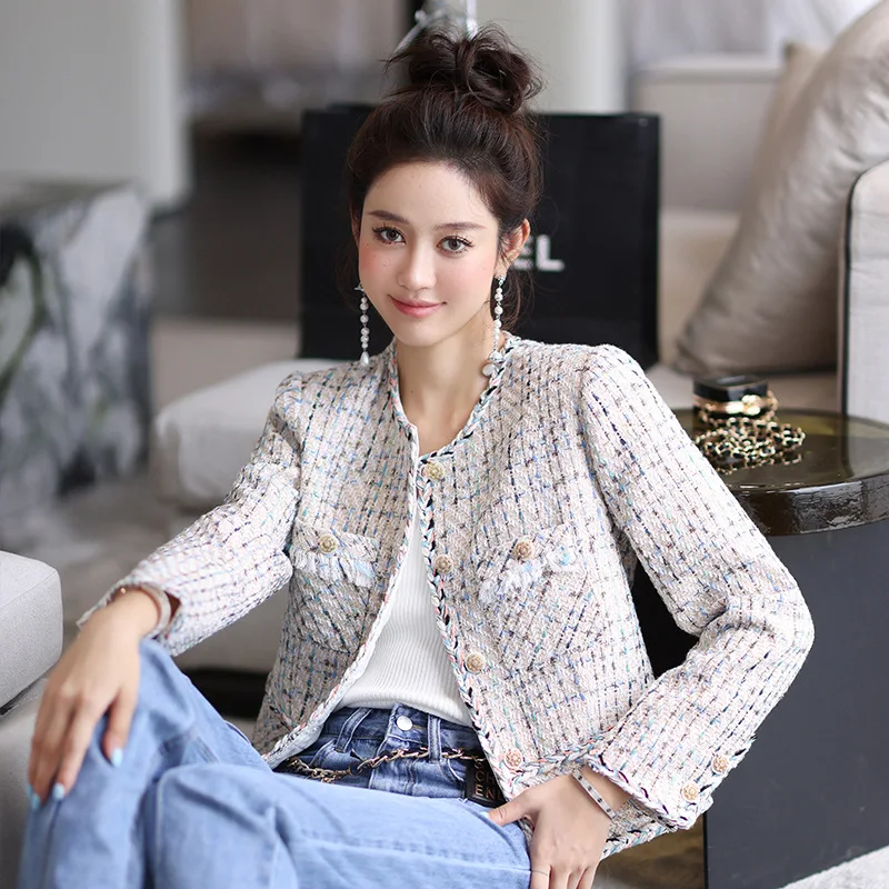 

Office Work Fashion Plaid Tweed Fabric Women Jacket Winter Fall Pockets Good Quality Lady Elegant Short Coat Clothing Size XL