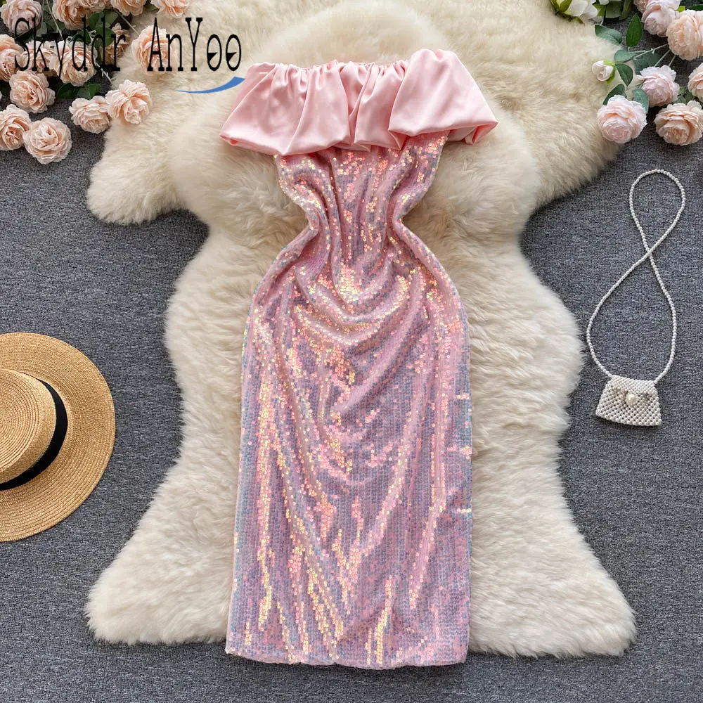 

Женское вечернее платье без рукавов, розовое облегающее платье с блестками и открытыми плечами, лето 2022