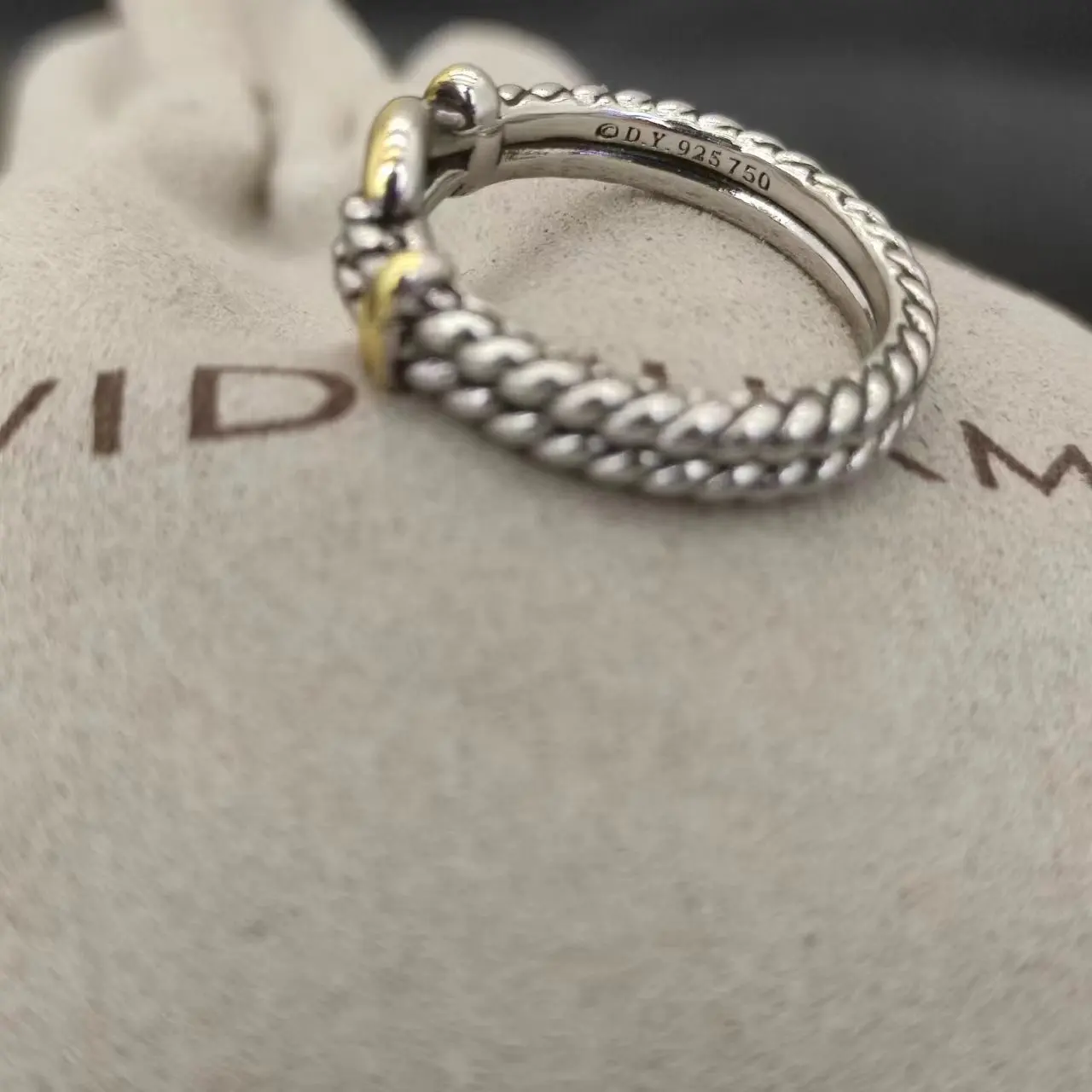 DY David Yurman Petite Twist Cable Buckle Ring in Silver 925 Plated 18K Yellow Gold with Pavé Diamonds