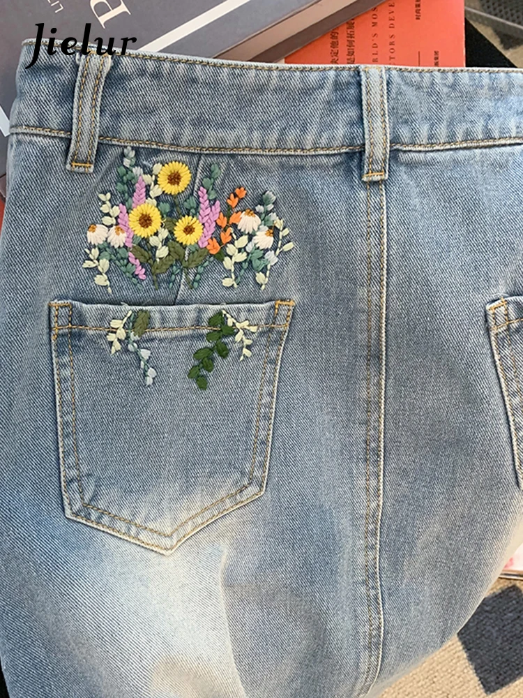 Jielur Светло-синие цветы вышивка ковбойская юбка Леди Лето Новая мода А платье с