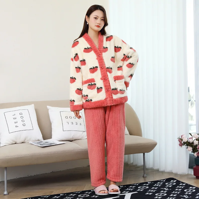 Women's Winter Warm Thin Two-Pieces Pajama Suit Length To The Ankle Polyester Comfortable V-Neck Leisure Wear With No Hat