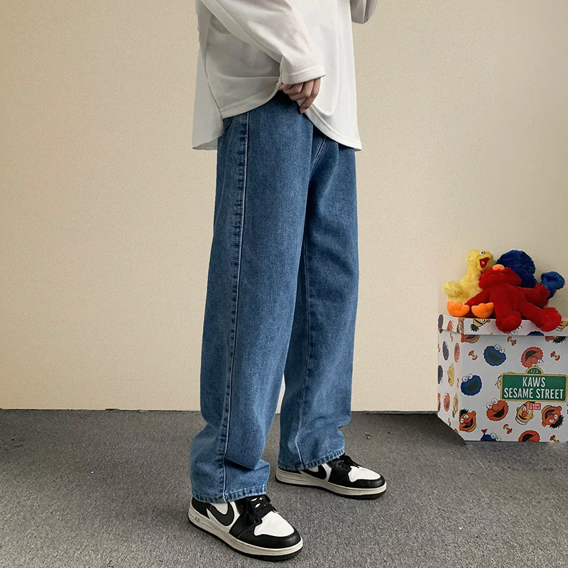 Korean Fashion Men Wide Leg Jeans 2021 Autumn New Streetwear Straight Baggy Denim Pants Male Brand Trousers