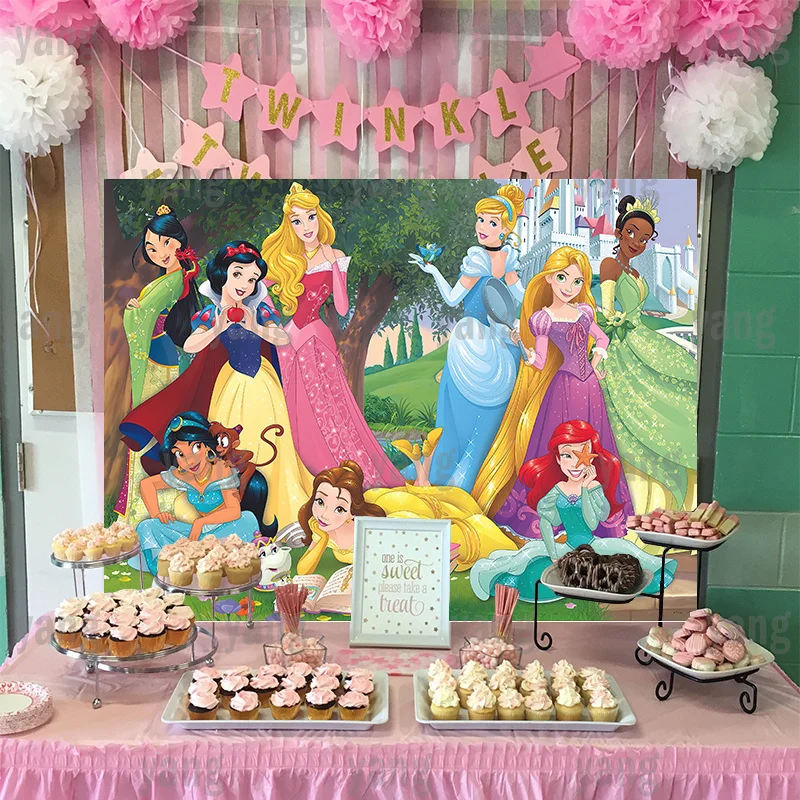 Disney Castle Backdrop Princes Snow White Cinderella Belle Mulan Sleeping Beauty Happy Birthday Party Backgrounds Decoration enlarge