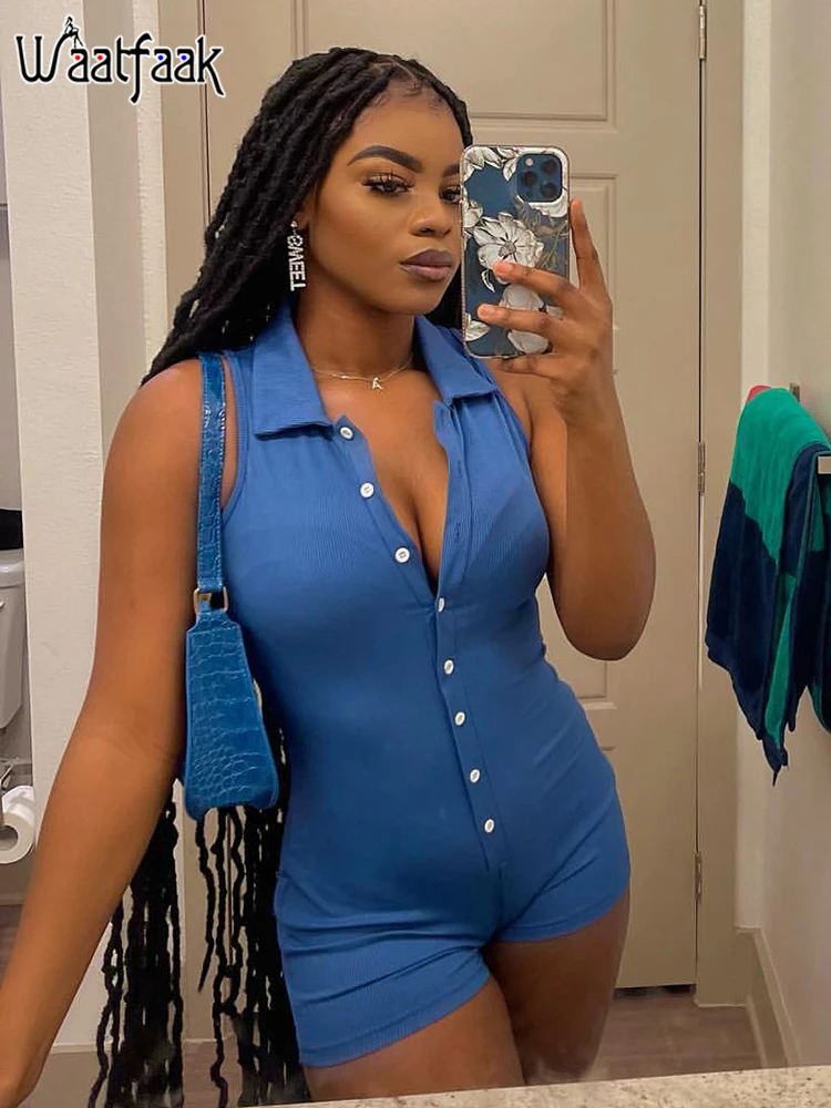 

Waatfaak Sleeveless Clubwear Sexy Playsuit Women Turn-down Collar Button Up Party Blue Workout Summer Jumpsuit Romper Y2K Green