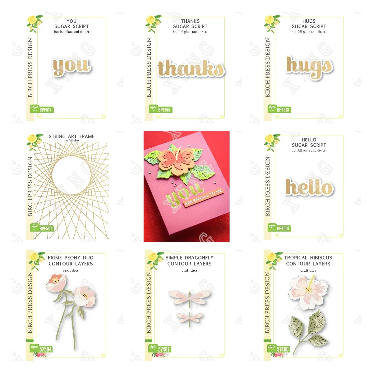 

New prime Peony Duo Dragonfly Tropical Hibiscus Contour Layers Dies String Art Frame You Thanks Hugs Hello Sugar Script Hot Foil