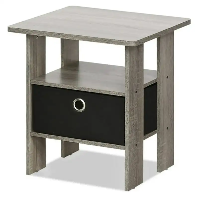 

End Table Night Stand with Bin Drawer, Black/Gray, Wood, Rectangular