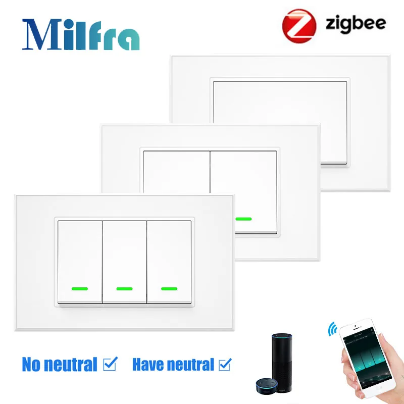 

Tuya Zigbee Smart Light Switch Push Button Switches Neutral Wire Optional 1/2/3 Gang Voice Control Works With Alexa Google Home