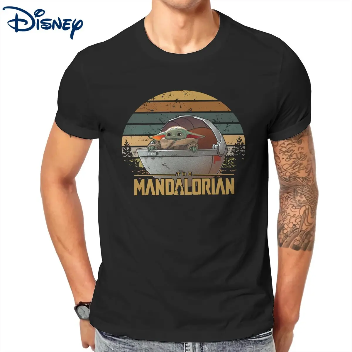 Disney Baby Yoda The Mandalorian Star Wars T-Shirt for Men Vintage Cotton Tees Crewneck Short Sleeve T Shirt Birthday Gift Tops