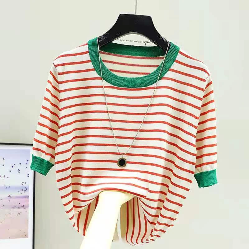 

Striped Tee Shirt Femme Tops Summer T Shirt Women Thin Ice Silk Knitted T-Shirts Short Sleeve Clothing Camisetas Mujer