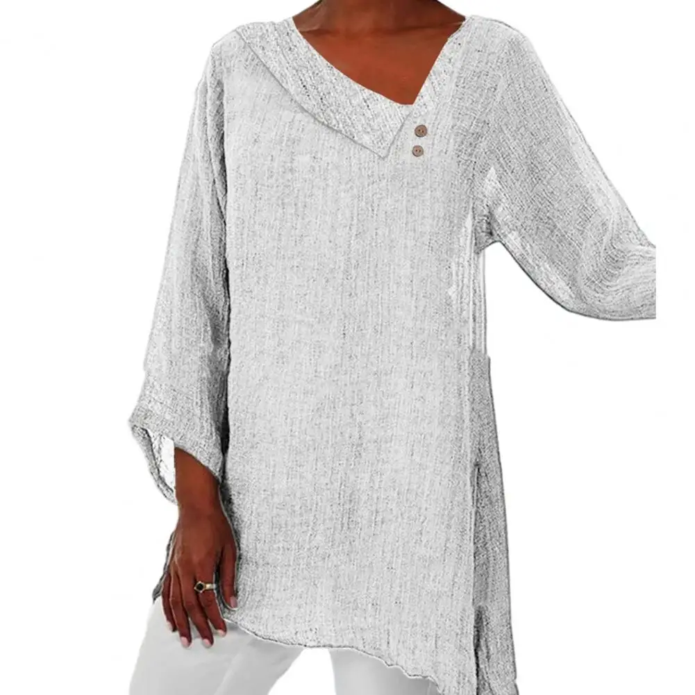 

Spring Autumn Women Blouse 2023 Skew Collar Lapel Pullover Tops Long Sleeve Side Split Buttons Decor Tee Shirt Blouse Streetwear