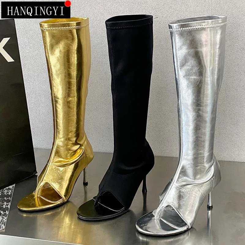 Ladies Sandals Boots Flip Flops New Knee-High Heels Modern 2023 Zipper Summer Fashion Peep Toe Female Shoes For Women Pumps