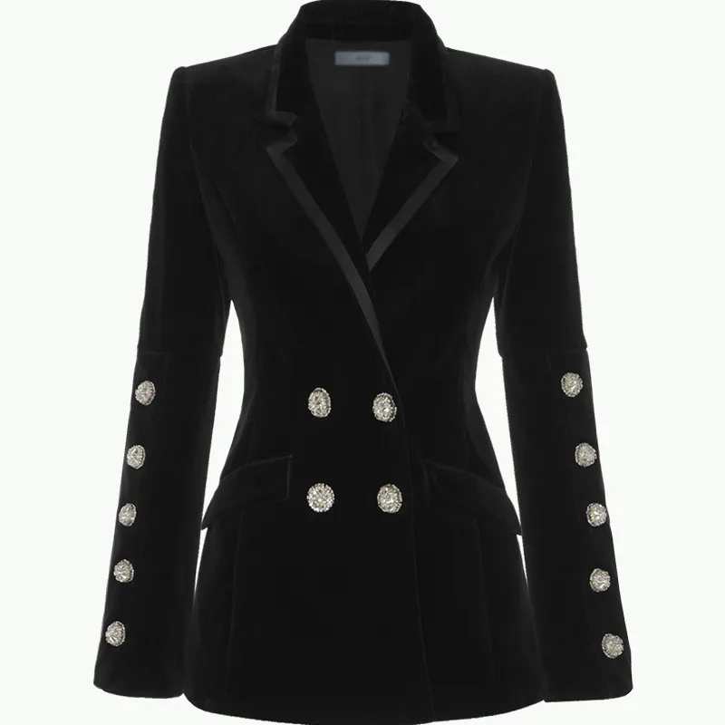 

New Trending Fall Winter Notched Exquisite Diamonds Buttons Top Quality Black Chic Velvet Blazer Casual Jackets