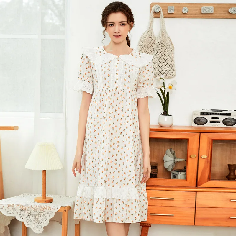 

Summer Thin Loose Cotton Nightgown Floral Night Dress Women Home Dress Short-Sleeved Long Gown Princess Sleepwear Dropshipping