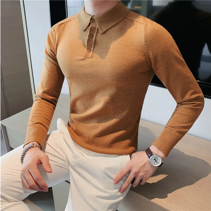 

Men Long Sleeved Polo Shirts Man Autumn Winter Solid Color Lapel knitted Bottom Sweater Business Casual Simple Polo Shirts 3XL
