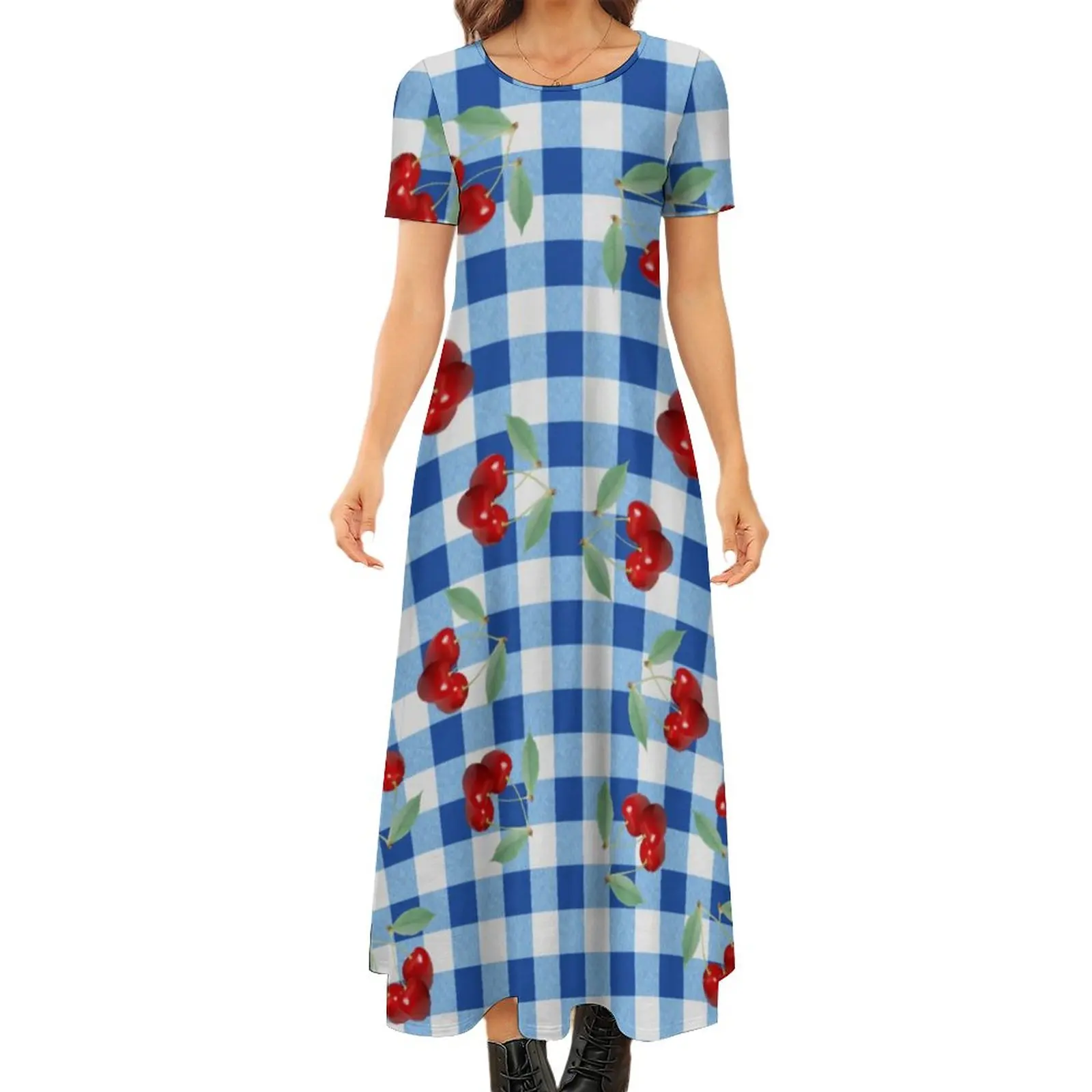 

Женское платье-макси в стиле ретро, синее клетчатое платье с принтом вишни, с коротким рукавом, в уличном стиле, длинное пляжное платье в стиле бохо, большие размеры