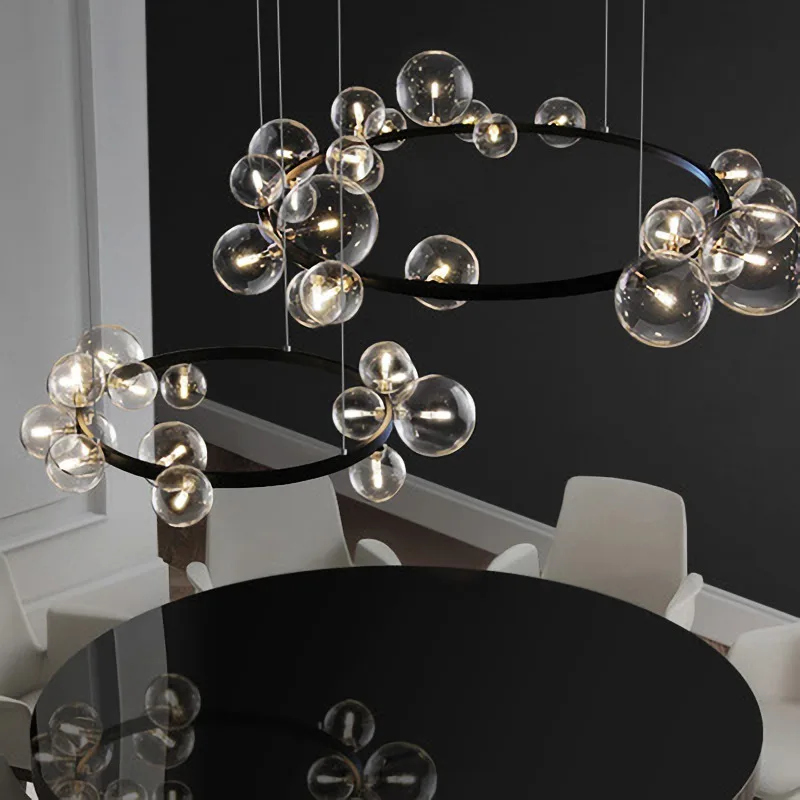 

Home Decor Indoor Lighting Fixture Black Industrial Modern Glass Ball Round Chandelier for Bedroom Living Room Loft Pendant Lamp