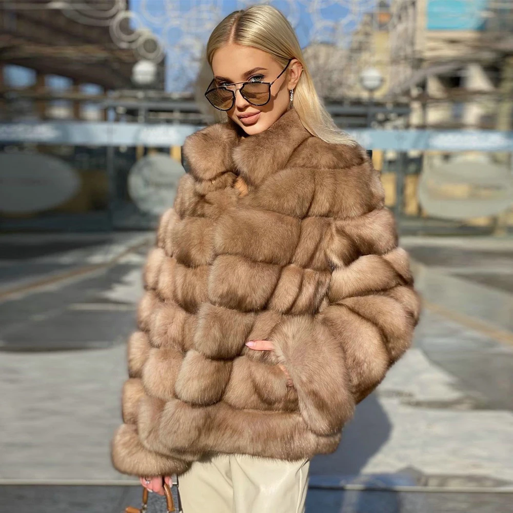 Women Trendy Natural Fox Fur Jacket Winter New Sable Color Genuine Fox Fur Coat Medium Length Thick Warm Fur Overcoat For Woman
