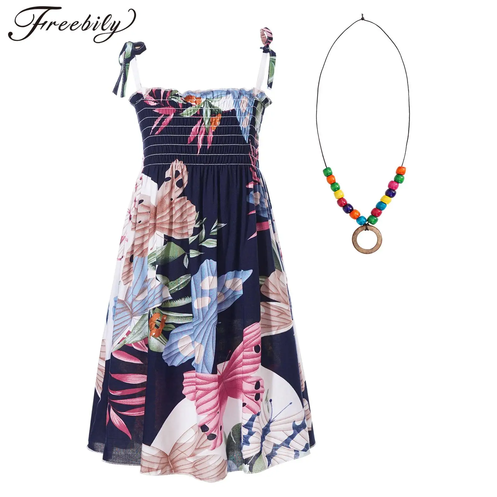

Summer Girls Floral Dress Sleeveless Ruffles Bohemian Beach Princess Dresses for Girl Clothing Sundress With Necklace Gift