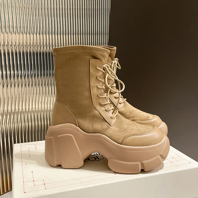 STRONGSHEN Comfortable Platform Boots for Woman Shoes Women Fashion Anklet Boots Round Toe Dad Sole Winter Female Lace Up Botas