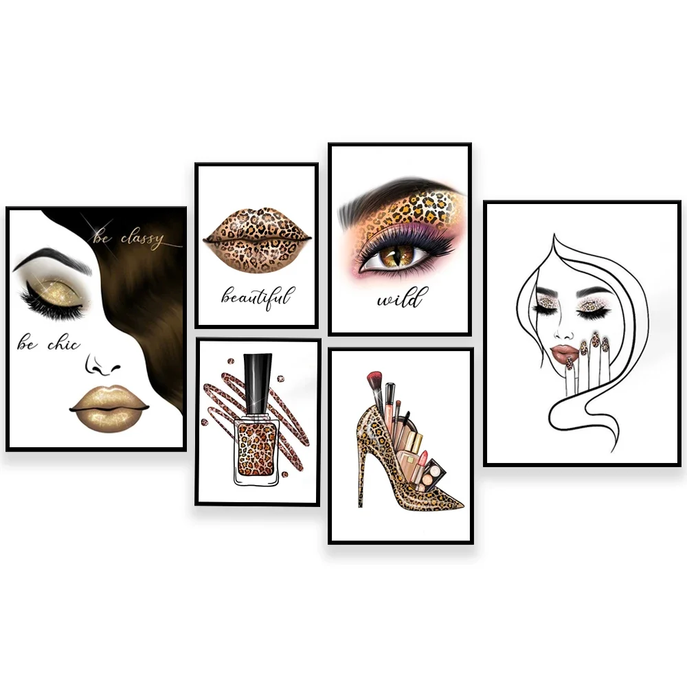 Fashion beauty poster cheetah lips high heels eye makeup shadow nails lipstick mascara wild fashion