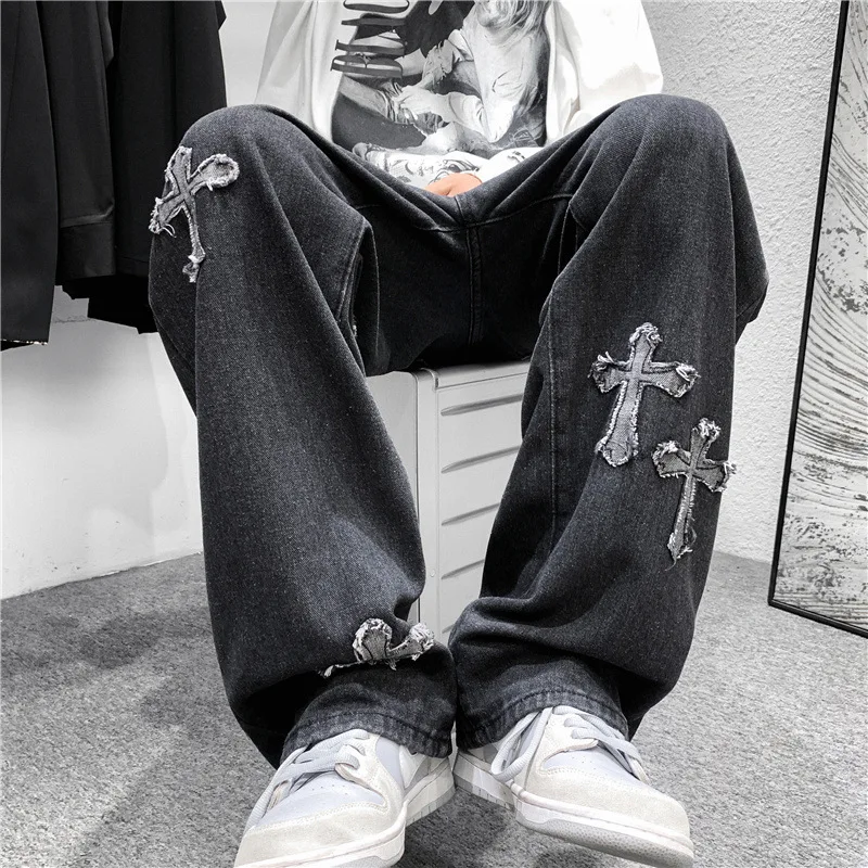 

Retro High Street Washed Old Cross Jeans Fashion Brand Harajuku Style Loose Casual Straight Wide Leg Trousers For Men Women