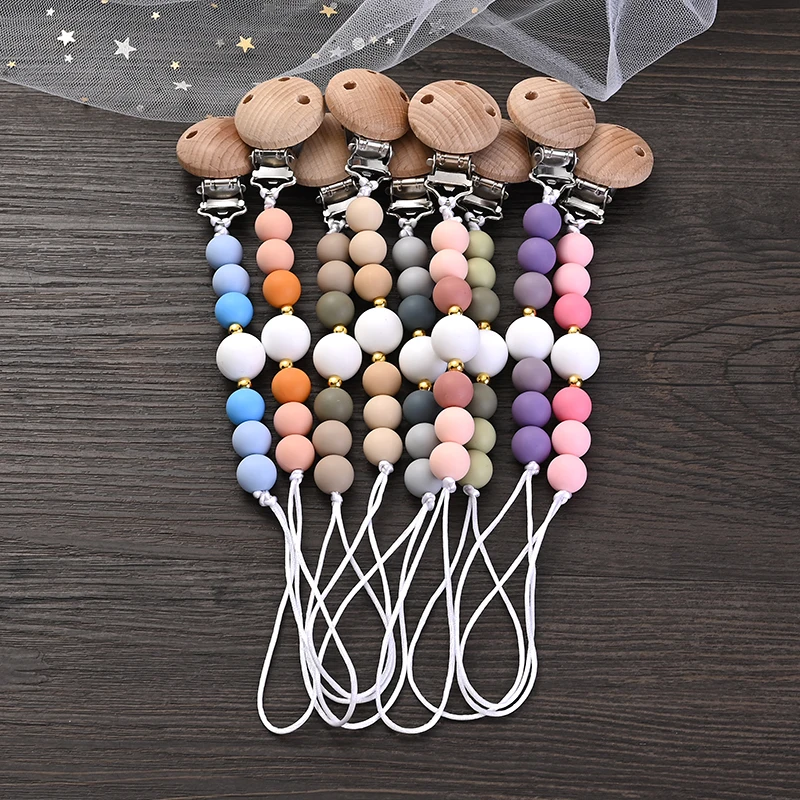 

Baby Wooden Pacifier Clips Round Silicone Teether Beads Nipple Chain For Nursing Toys Gift Dummy Holder Chain BPA Free