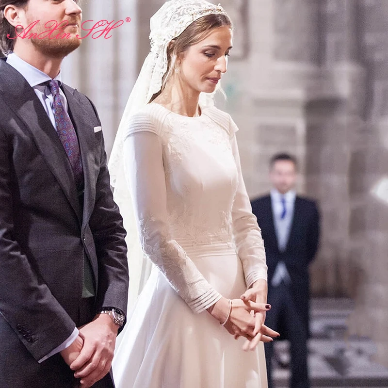 

Женское свадебное платье AnXin SH, белое кружевное трапециевидное платье принцессы с круглым вырезом и длинным рукавом, на молнии, в стиле ретро, для невесты