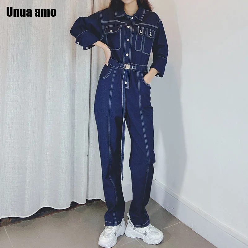 Baggy Overalls for Women Denim Jumpsuit Long Sleeve Spring and Autumn Cargo Multi-pocket Sashes High Waist Straight Pants Female