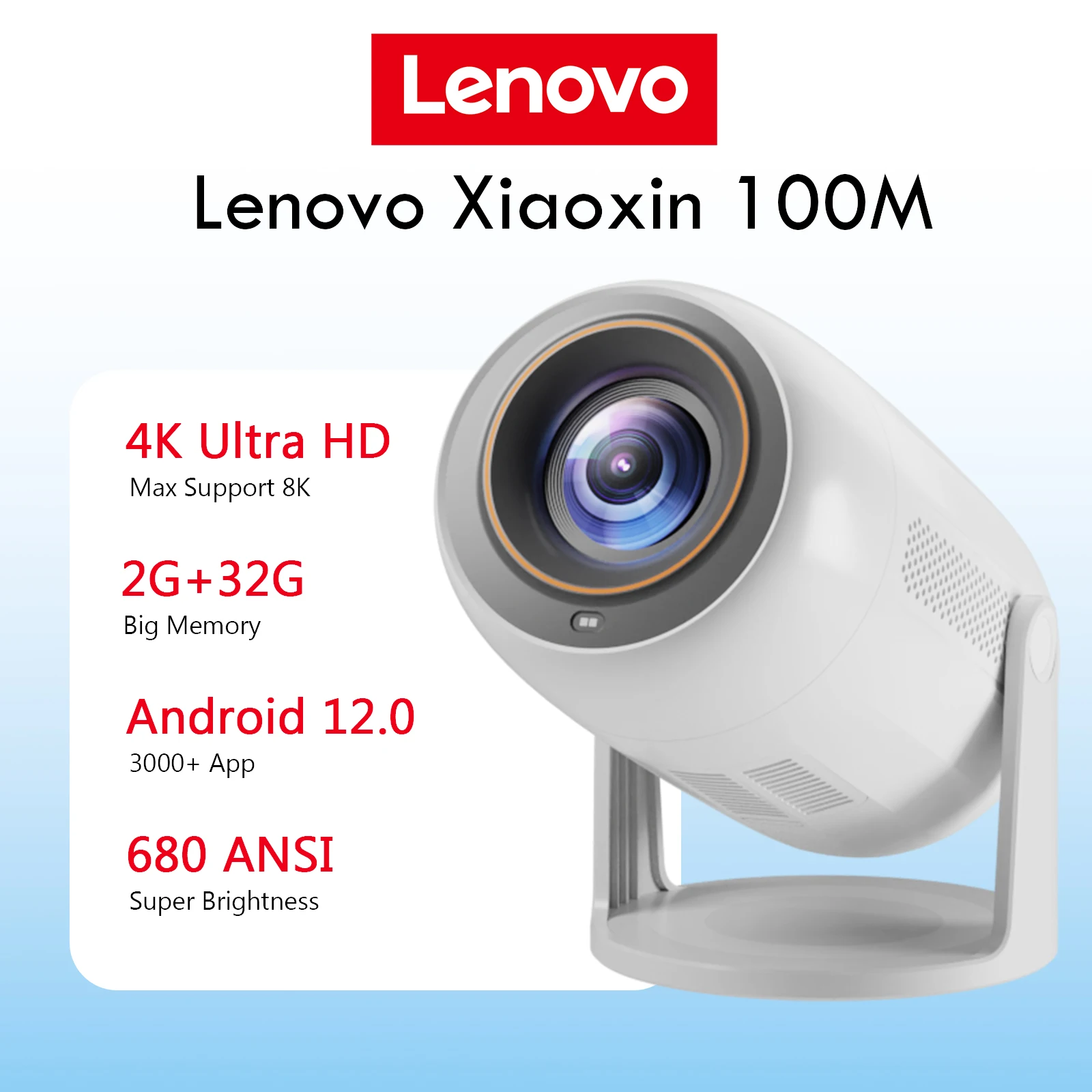 Фото Портативный проектор Lenovo 4K 100 м Android 12 WIFI 6 TOF без семян с автофокусом, уличный проектор Full HD, видео, кино, домашний кинотеатр №1