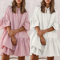 summer college style small fresh solid color dress fashion bell sleeves casual loose all match dress female y2k pleated skirt