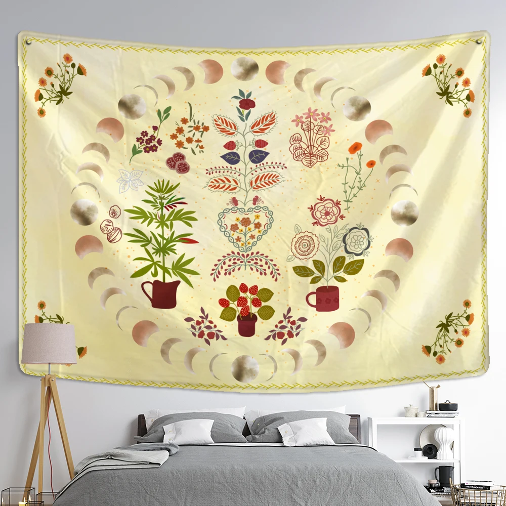 

Moon Phase Tapestry Wall Hanging Plants Celestial Flowers Starry Sky Bohemian Witchcraft Hippie Customized