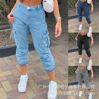 2022 new fashion women jeans side pockets feet washed mid waist jeans trousers