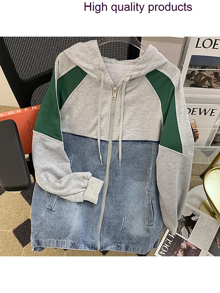 

Spring 2023 Women Hooded Cardigans Zipper Dinim Patchworkl Vintage Sweaters Soft High Quality Lazy Loose Glutinous Sueter Mujer