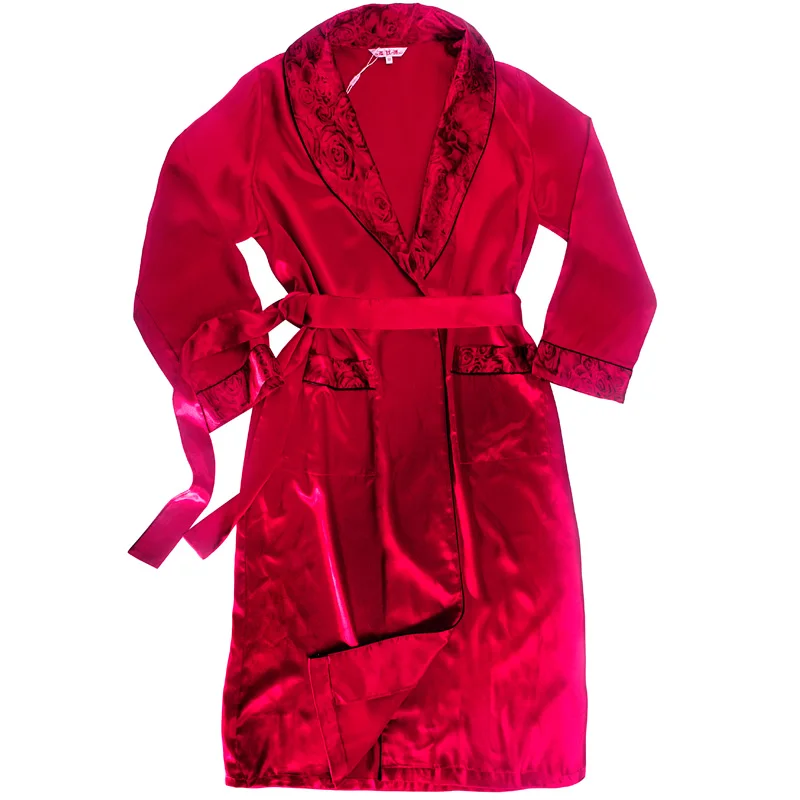 Luxury Satin Silk Robes for Men Red Long Sleeve Shawl Collar Silk Home Robe Men's Dressing Gown Men's Bathrobe Couple Clothes