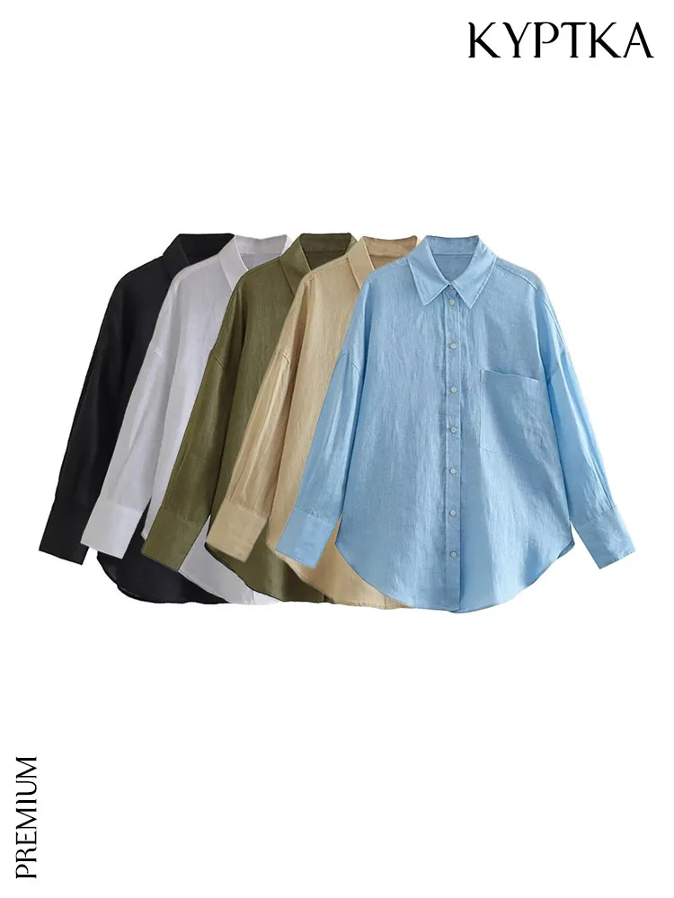 

KYPTKA Women Fashion With Pocket Oversized Linen Shirts Vintage Long Sleeve Button-up Female Blouses Blusas Chic Tops