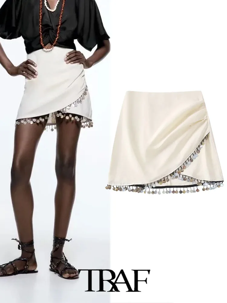 

Женская однотонная мини-юбка из смеси льна, с бусинами