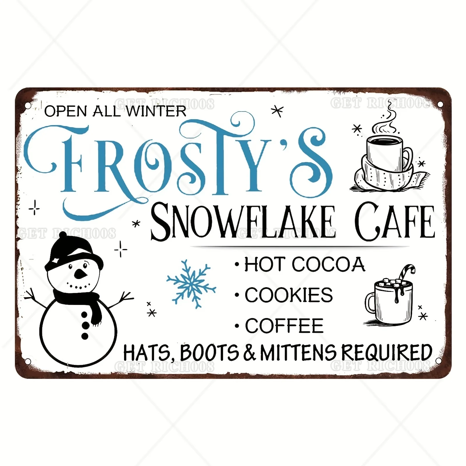 

Open All Winter Frosty's Snowflake Cafe Sign Hot Cocoa Metal Tin Sign 12x8inch Christmas Decor Retro Poster for Cafe Bar Home