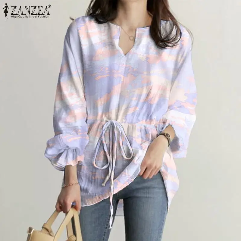 

V Neck Long Sleeve Printed Casual Preppy Holiday Office Shirt Tee Elegant Loose Holiday Tops ZANZEA Women Spring Blouse Fashion