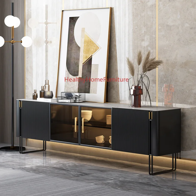 

New 1.8m 2.0m 2.2m TV Stand W/ Storanges Rock Slab Modern TV Cabinet Living Room Charcoal Black Paint Furniture for Bedroom 2022