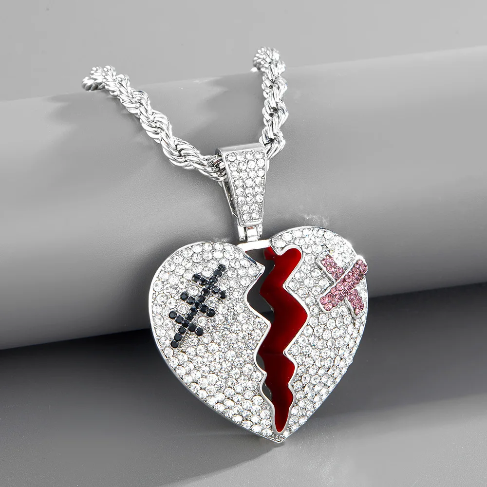 

Iced Out Bling Hip Hop Boy Men Patch Broken Heart Pendant Necklace Micro Paved Cubic Zirconia Heart Charm Jewelry Dropshipping