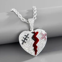 iced out bling hip hop boy men patch broken heart pendant necklace micro paved cubic zirconia heart charm jewelry dropshipping