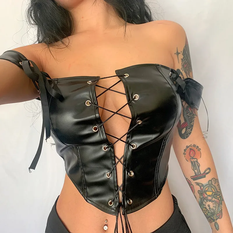 

Women Vintage Streetwear Corset Wide Straps Sleeveless Cross Bandage Hollow Overbust Slim Crop Top Leather Sexy Streetwear Black
