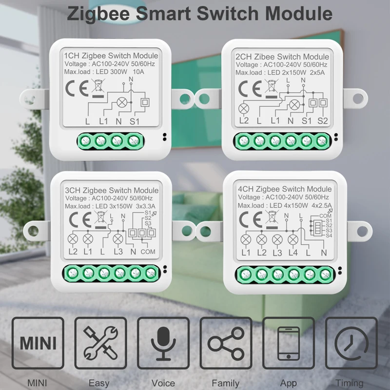 

Коммутационный модуль AUBESS Tuya ZigBee 3,0, выключатель для умного дома «сделай сам» на 10 а, с поддержкой 1, 2, 3, 4 клавиш, двухстороннее управление, ра...