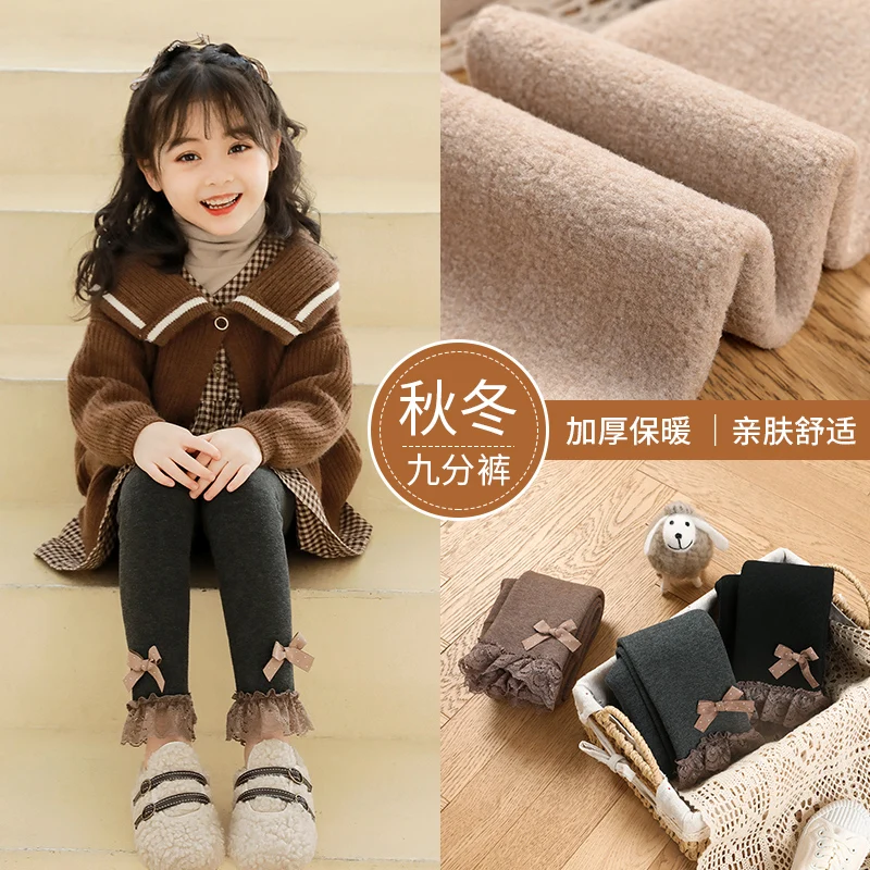 

Newborn girls Winter plus velvet thickening warm cotton trousers lace bow cute child leggings Fleece Lining pants for baby kids