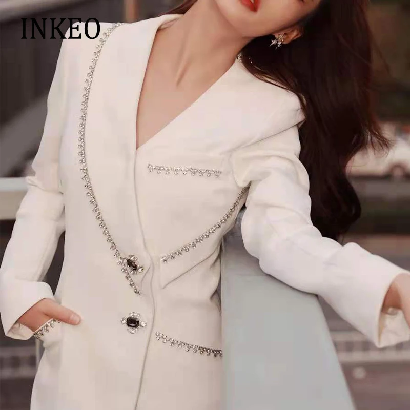 

White Diamonds beading Women's Jacket blazer Slim 2022 Spring Fall Irregular Long sleeve Coat Dress Office lady Sexy INKEO 1O276