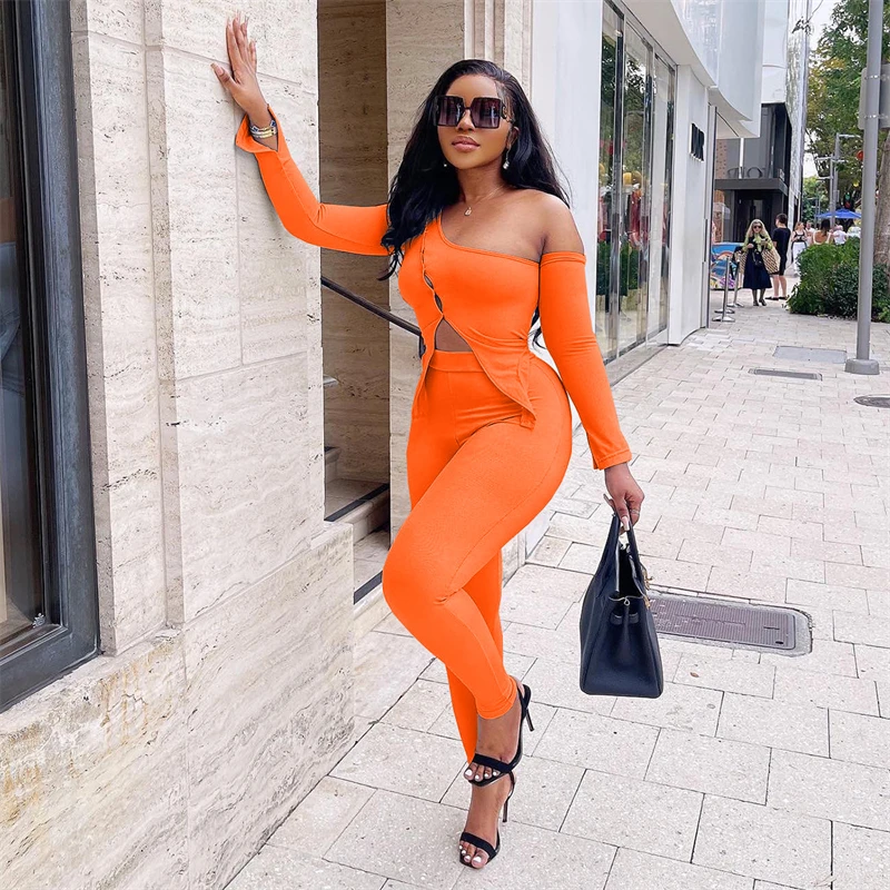 

Solid Two Piece Set Women Tracksuits Sexy One Shoulder Long Sleeve Split Buttons Asymmetrical Crop Top Pencil Pants Casual Suits