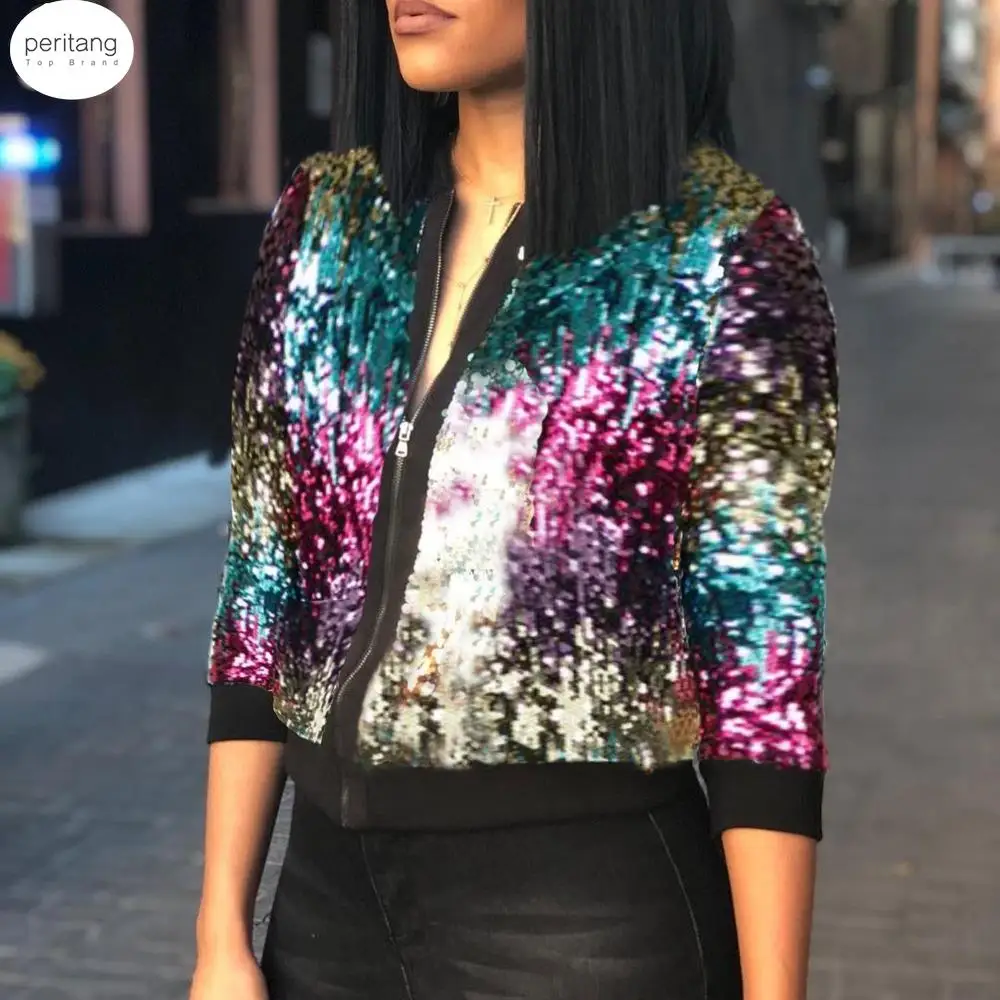 

Женская бейсбольная куртка-бомбер с блестками и вышивкой бисером