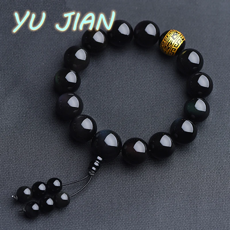 Natural Exquisite Fashion Couple Obsidian Bead Bracelet Men's Ladies Chain 8-16mm Black Lucky Transfer  Bangle Accessories